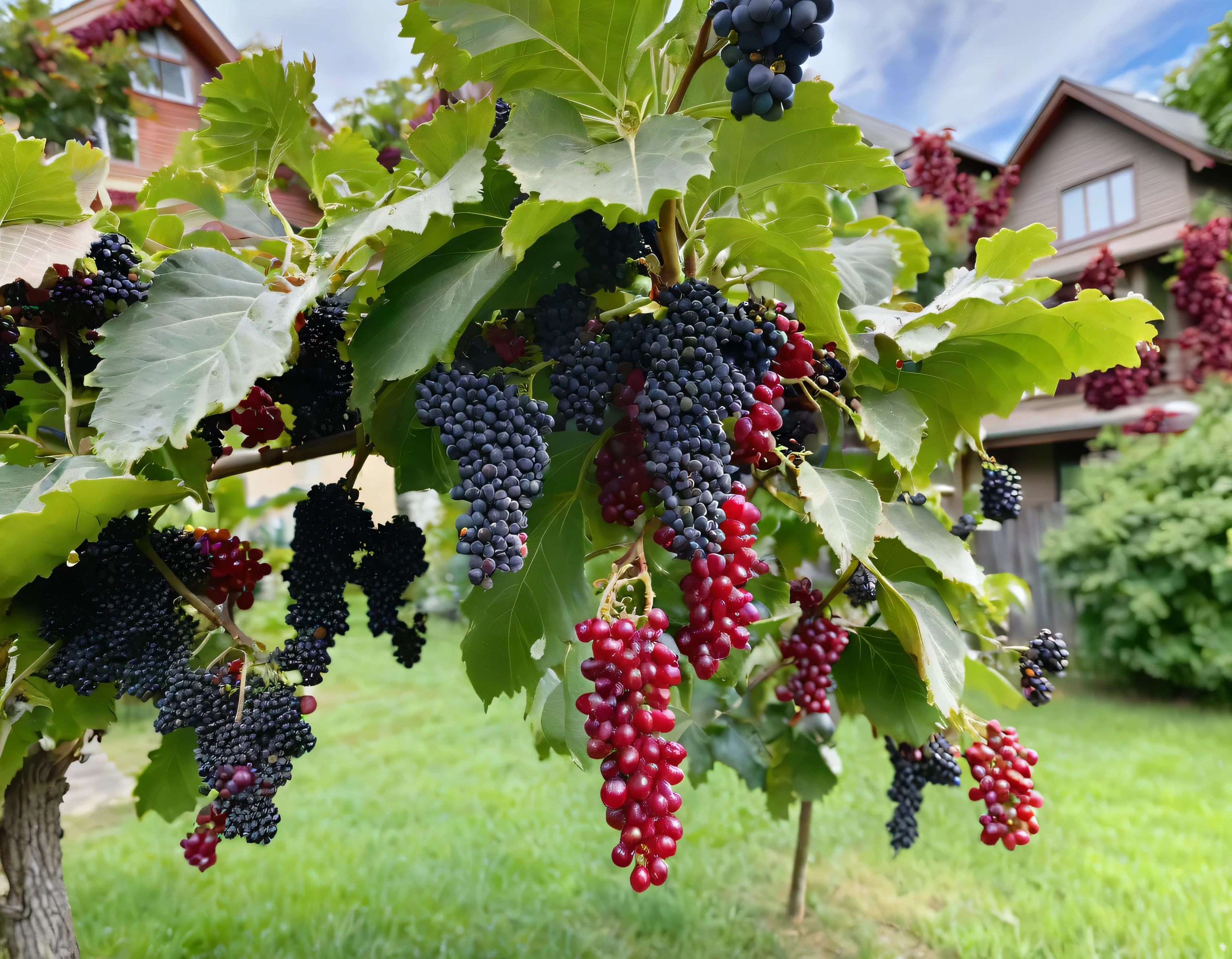 Grape plants bearing heavy fruit spread across the yard, ripe red, the background of the house is blurry