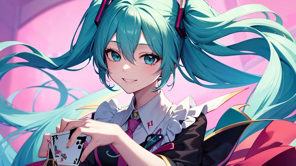 Hatsune Miku、Anime characters、smile、Surrounded by joker cards