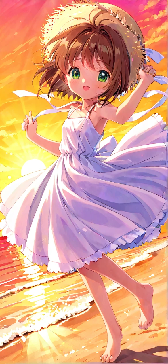 High resolution backgrounds,Beautiful background,anime, cute,Sunset on the beach,Sunset over the sea,***************,White summer dress with straps,Chestnut Hair,Short Bob Hair,Green Eyes,barefoot,Happy expression,White straw hat,Lens flare,The hem of a skirt fluttering in the wind