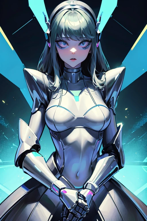 empty eyes,robotized woman ,big bust,Robot Joint ,Metal skin,dress,android,Robot Suit