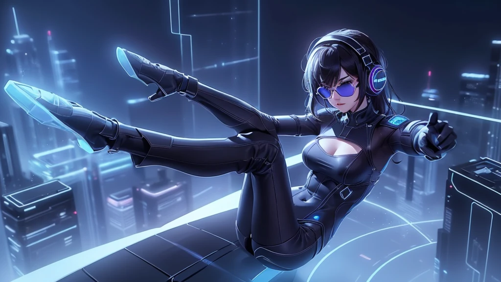 ((An aerial view of a futuristic megalopolis at dark night)), with skyscrapers reaching the clouds and flying cars driving through aerial highways. (1girl, solo, alone, photorealistic), medium-breast:1.1 slim body, cleavage, sexy clothes, (headphone, black sunglasses, medium black hair), (hip-up standing and holding pistol pose), (((half-body thigh level medium shot))), cinematic lighting, lens flare, ray tracing.