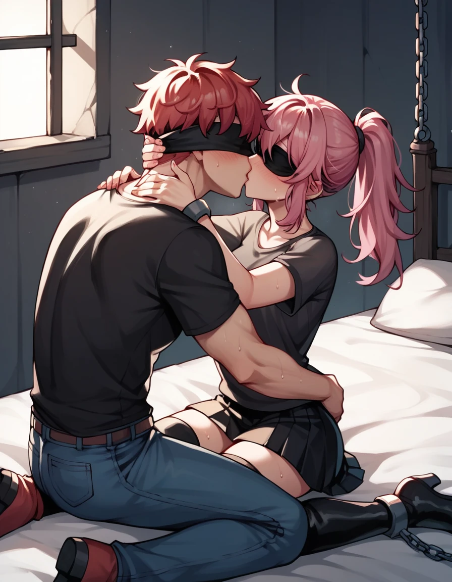 score_9, score_8_up, score_7_up, score_6_up, score_5_up, score_4_up, source_anime, 1girl, bdsm, worth, pink hair, ponytail, blindfold, kissing, w-w-chain, shackles, raise arms, messy hair, sweaty shirt, skirt, black thigh boots, night, the solution, dungeon, best quality, best res, 4K UHD,
 1guy, jacket, black shirt, jeans, kissing girl