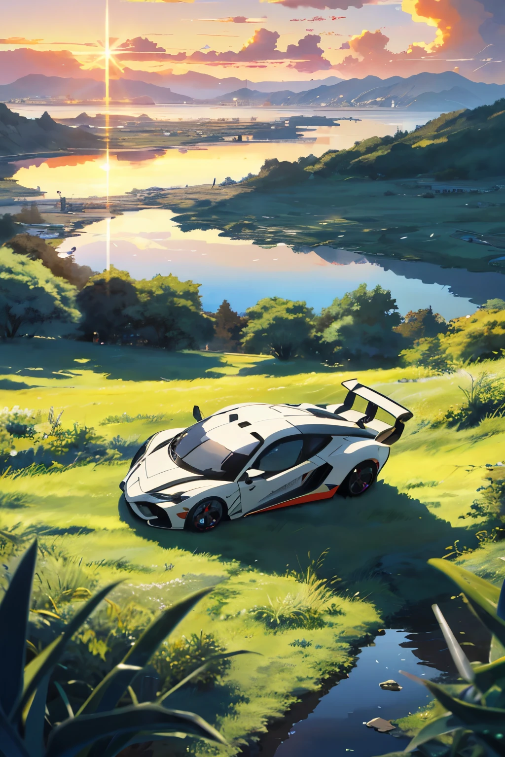 Anime Landscape: A Pearl-White Polar Hypercar Prototype Gracefully Resting in a Field of Tall Grass Under a Radiant Sunset

This beautiful anime scene features a pearl super Polar white color hypercar prototype, perfectly placed in a field of tall, swaying grass. The sunset painting the sky with hues of orange, pink, and purple, creates a serene and peaceful atmosphere. This artistic anime background is a masterpiece, perfectly capturing the essence of Makoto Shinkai's and Cyril Rolando's unique style. This stunning 8K resolution image makes for an amazing wallpaper, with its anime art details enhanced in 4K, making it an ex