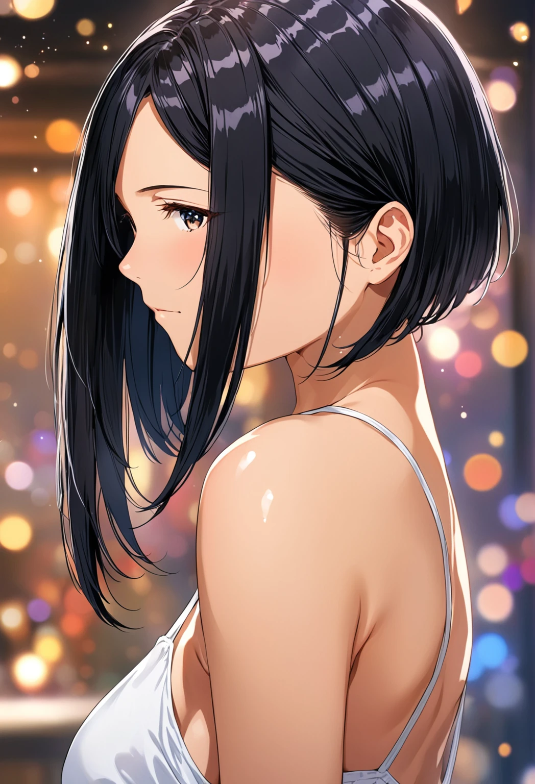 beautiful woman from the side, looking down, lob haircut, bending head forward, hanging hair, shiny black hair, anime style, wearing loose white camisole, (best quality,4k,8k,highres,masterpiece:1.2),ultra-detailed, HDR,UHD,studio lighting,ultra-fine painting,sharp focus,physically-based rendering,extreme detail description,professional,vivid colors,bokeh,portraits, seinen anime, serious anime
