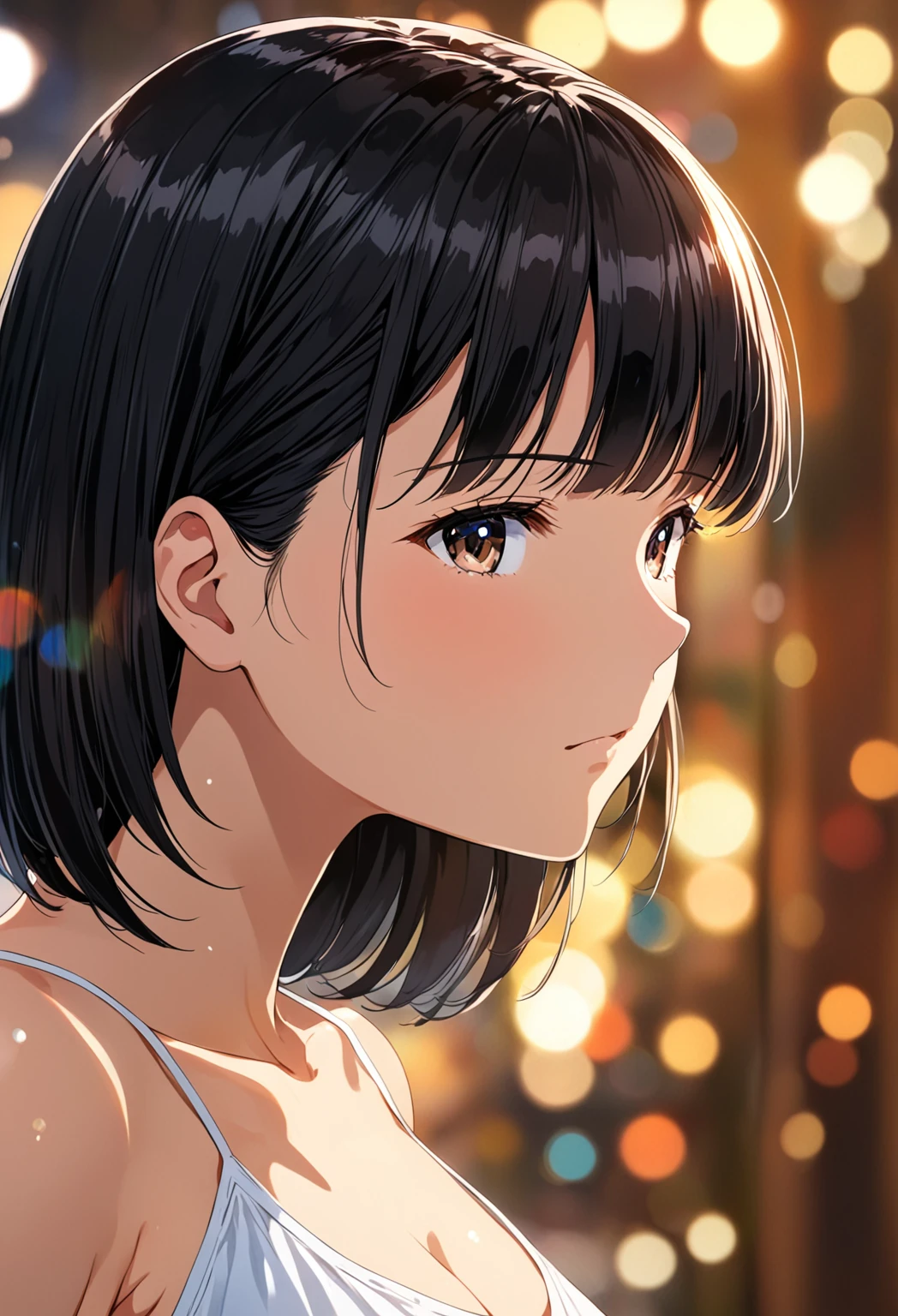 beautiful woman from the side, looking down, lob haircut, bending head forward, hanging hair, shiny black hair, anime style, wearing loose white camisole, (best quality,4k,8k,highres,masterpiece:1.2),ultra-detailed, HDR,UHD,studio lighting,ultra-fine painting,sharp focus,physically-based rendering,extreme detail description,professional,vivid colors,bokeh,portraits, seinen anime, serious anime