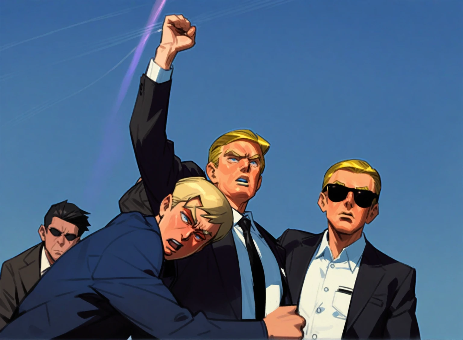 Three were wearing suits、Men wearing sunglasses standing together, Donald Trump in《Attack on Titan》middle, Donald Trump in堡垒之夜, phil noto 和 james jean, Donald Trump&#39;s, Donald Trump Fortnite Skin, Victory Pose, Donald Trump as Baron Harkonnen, Otto Schmidt, author：Tomer Hanuka, Donald Trump as Captain America, Phil Noto comic cover art