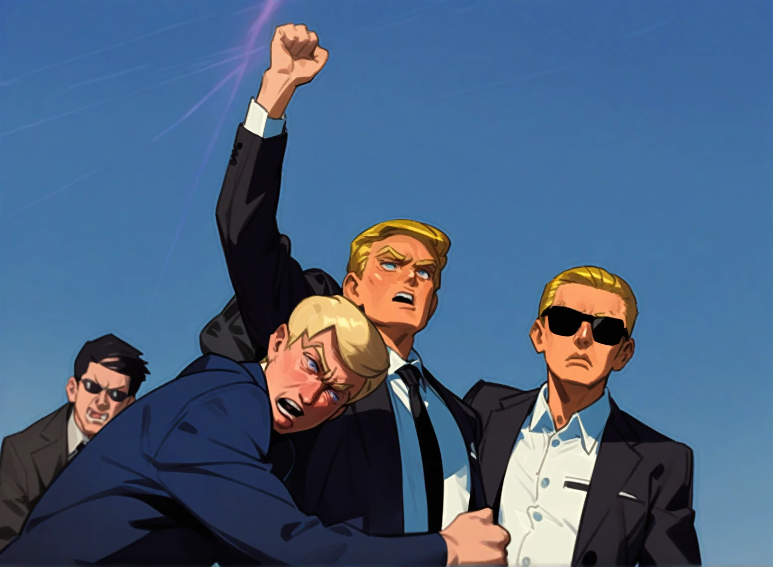 Three were wearing suits、Men wearing sunglasses standing together, Donald Trump in《Attack on Titan》middle, Donald Trump in堡垒之夜, phil noto 和 james jean, Donald Trump&#39;s, Donald Trump Fortnite Skin, Victory Pose, Donald Trump as Baron Harkonnen, Otto Schmidt, author：Tomer Hanuka, Donald Trump as Captain America, Phil Noto comic cover art