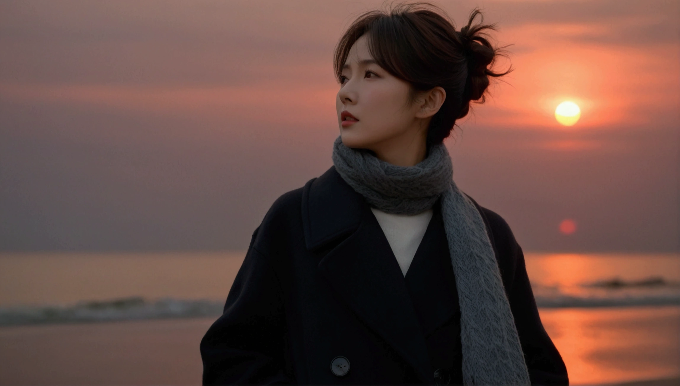 8K, 超high resolution, best quality, masterpiece, 1 woman, (36 years old:1.3), Korean woman,(wearing a long winter coat and scarf、Thin black double sided updo :1.5)、(The woman turned around with a very sad expression., 겨울 해변에서 바람에 휘날리는 short medium hair, her hair blowing in the wind:1.5)、(blurred background:1.5)、(red sky at sunset:1.5)、(complete anatomy:1.5) (full finger:1.3)、realistic、Life drawing、high resolution、beautiful details、((thin legs))、red light of sunset, light and shadow, short medium hair,1 female camera 16-35 wide angle lens, 해변을 걷는 full body shot, black skirt, hair that touches the shoulders, standing on the beach, full body shot
