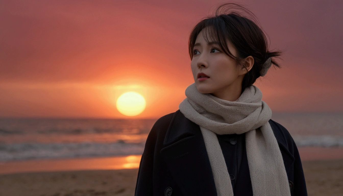 8K, 超high resolution, best quality, masterpiece, 1 woman, (36 years old:1.3), Korean woman,(wearing a long winter coat and scarf、Thin black double sided updo :1.5)、(The woman turned around with a very sad expression., 겨울 해변에서 바람에 휘날리는 short medium hair, her hair blowing in the wind:1.5)、(blurred background:1.5)、(red sky at sunset:1.5)、(complete anatomy:1.5) (full finger:1.3)、realistic、Life drawing、high resolution、beautiful details、((thin legs))、red light of sunset, light and shadow, short medium hair,1 female camera 16-35 wide angle lens, 해변을 걷는 full body shot, black skirt, hair that touches the shoulders, standing on the beach, full body shot