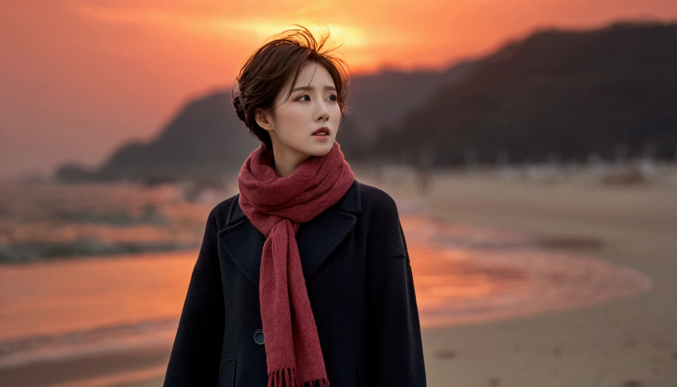 8K, 超high resolution, best quality, masterpiece, 1 woman, (36 years old:1.3), Korean woman,(wearing a long winter coat and scarf、Thin black double sided updo :1.5)、(The woman turned around with a very sad expression., 겨울 해변에서 바람에 휘날리는 short medium hair, her hair blowing in the wind:1.5)、(blurred background:1.5)、(red sky at sunset:1.5)、(complete anatomy:1.5) (full finger:1.3)、realistic、Life drawing、high resolution、beautiful details、((thin legs))、red light of sunset, light and shadow, short medium hair,1 female camera 16-35 wide angle lens, 해변을 걷는 full body shot, black skirt, hair that touches the shoulders, standing on the beach, full body shot