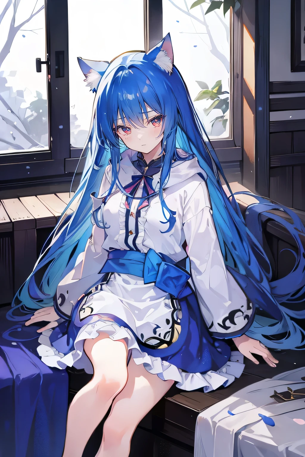 (masterpiece:1.2),Super detailed,lifelike,Expressive eyes,fair skin,perfect face shape,1 girl,
Japanese comics,Gorgeous blue hair,flowing blue hair,flowing clothes,Cat ears,Petals fall,beautiful lola,Baby Angel,
Shaking head with one hand,Cross your legs,Gentle and peaceful background,The pavilion is cool and comfortable,smile, wearing hoodie, In front of the window,snowing,Clear sky,Witch costume。