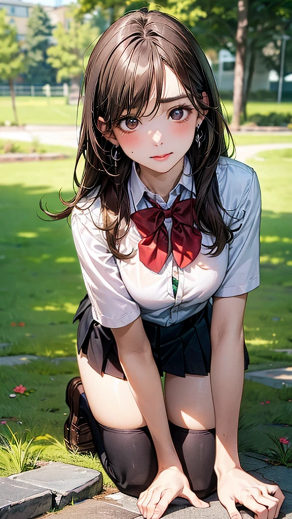 (masterpiece:1.2, top-quality), (realistic, photorealistic:1.4), beautiful illustration, (natural side lighting, movie lighting),
looking at viewer, cowboy shot, front view:0.6, 1 girl, japanese, high school girl, perfect face, cute and symmetrical face, shiny skin,
(long hair:1.8, straight hair:1.7, light brown hair), parted bangs, emerald green eyes, long eye lasher, (large breasts:0.9, thick thighs),
beautiful hair, beautiful face, beautiful detailed eyes, beautiful clavicle, beautiful body, beautiful chest, beautiful thigh, beautiful legs, beautiful fingers,
((, white collared shirts, black pleated mini skirt, black socks, brown loafers, red bow tie)), break, hoop ring earrings, pink panties, dark blue school bag, violet cardigan, break,
(beautiful scenery), evening, A girl is on all fours in a grassy field. She is carrying a large dog on her back and mating with him.
Her face is bright red and flushed, her brow is furrowed, her eyes are closed, and her mouth is open in anguish.
(The skirt is very short.).
