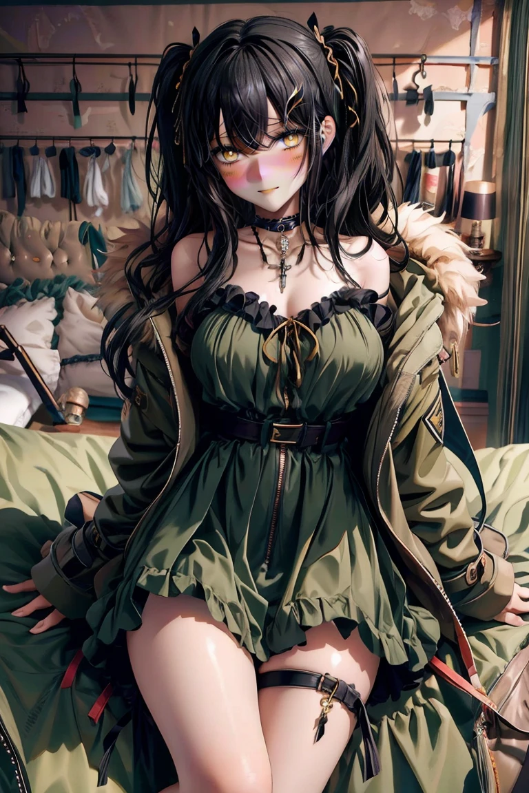 (masterpiece:1.2), (high quality:1.2), girls with((1girl, solo, black hair, yellow eyes, (wavy long hair, one side up, hairclips:1.3), blush, breasts, choker, cleavage, coat, cowboy shot, blue lace dress, ribbon waist belt, black ribbon belt, red bow, red ribbon, neck ribbon, collar, collarbone, rosary, rosary choker, cross, fur, fur trim, parka, khaki hoodie, green hoodie, khaki jacket, hood down, hooded coat, hooded jacket, hoodie, jacket, large breasts, long sleeves, medium breasts, open clothes, open coat,open hoodie, sleeveless, winter clothes, zipper, cleavage, upper body, hand up, waving, palm)), background with((bedroom, room:2.0))