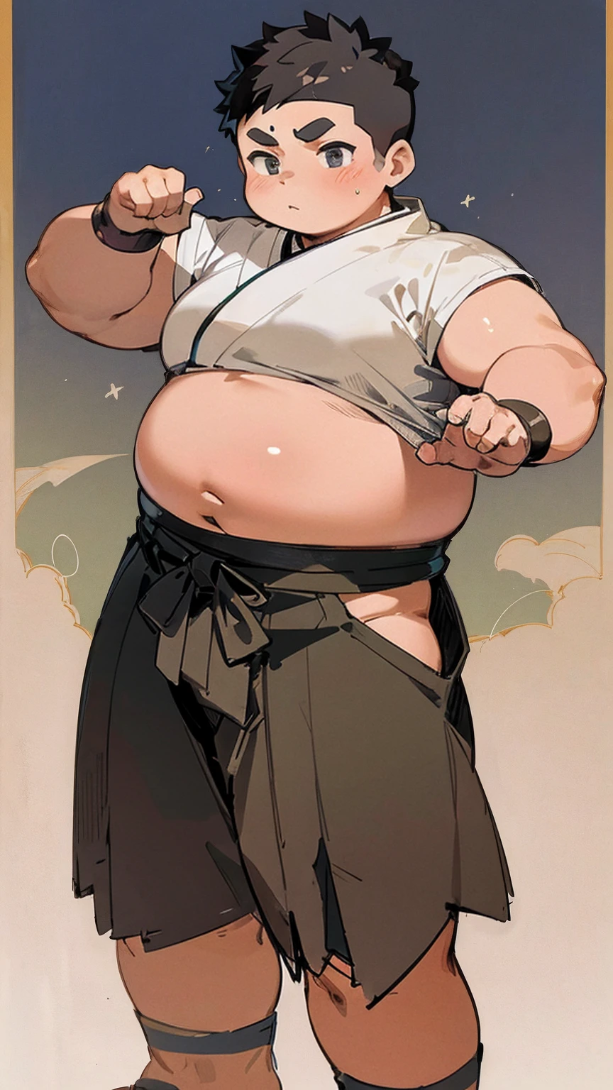 ((androgynous)), beautiful, (very short hair), (pudgy face), (thick), (cute), ((boyish)), (chubby), belly, muscular, (beefy), (cool), (sexly), (Hakama), (shaved sides), (Black Hair), (warrior), (Han-like)