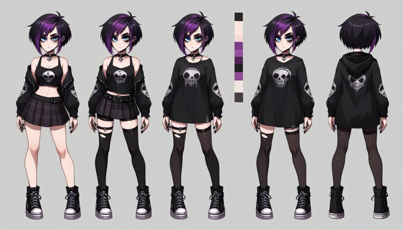 Solo, score_9,score_8_up,score_7_up, source_girl, goth girl, teenage female, black hair, goth style hair, black bike shorts, 1.3, goth makeup, fishnet, wearing goth clothes, goth, emo, goth outfit, standing, solo, full body, blue eyes, black clothes, plaid skirt is optional item (short hair), character design, character sheet, (purple highlights), Black and purple hair,