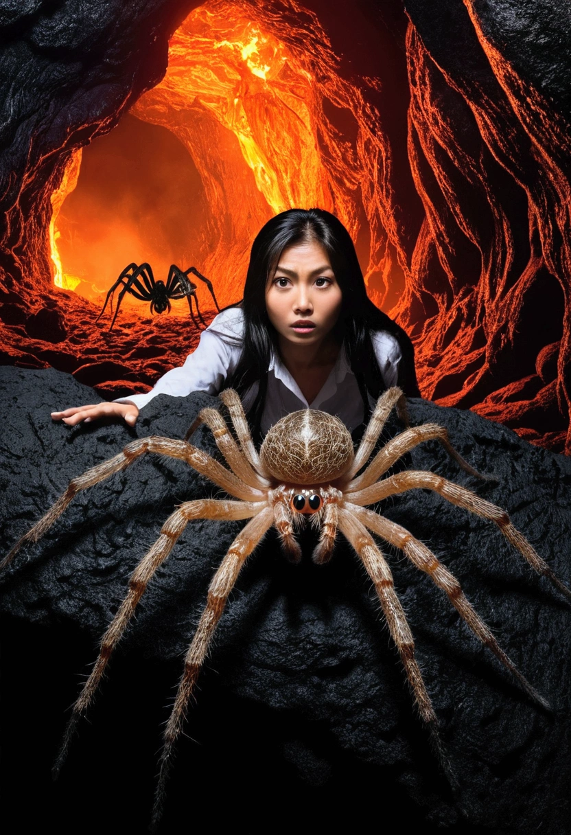 evil and giant Shelob spider hiding in the lava cave, Thai women in shirt face fear stuck in web and hanging on lava cave web from the movie Lord of the Rings.