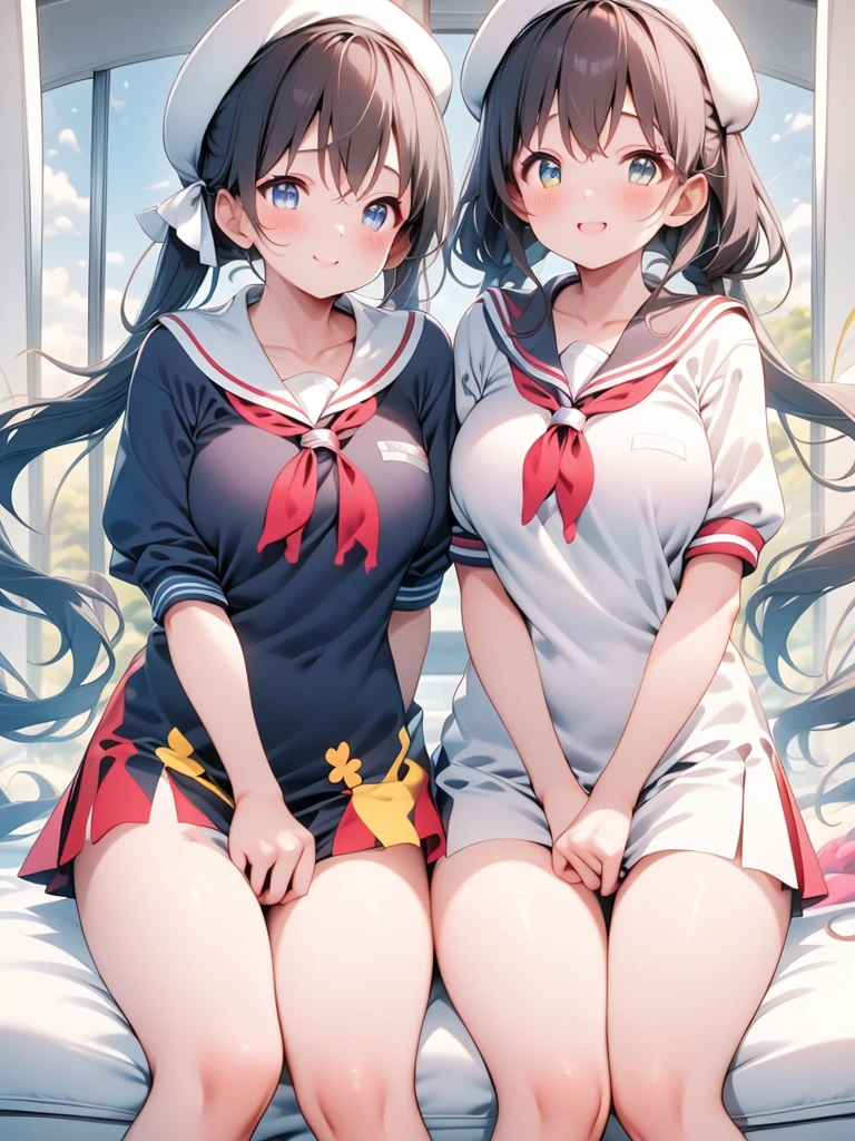 masterpiece、Highest quality、Ultra-high resolution、Big tits 、Twin tail hairstyle、Black Hair、Red face、mock、Open your mouth just a little、Short-sleeved sailor 、 for teenschoolgirls、Knee-high socks for teenage s、White beret for teenage girl the classroom, โชว์หน้าอก, โชว์กางเกงใน, กางเกงในสีขาว,