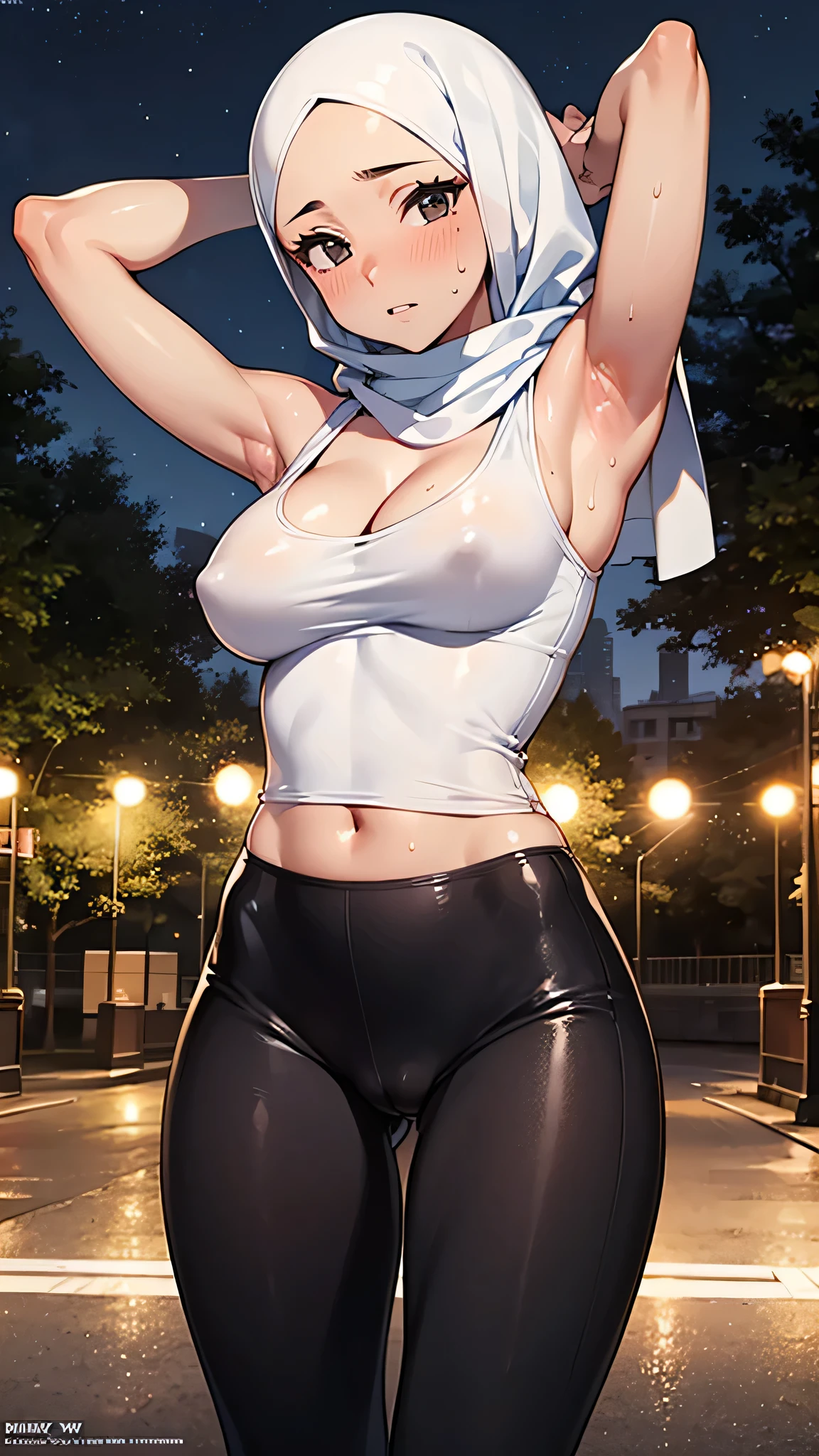 [High quality] beautiful woman, mature, milf, tanned skin, hijab, tanktop, armpit, cleavage, tight leggings, cameltoe, sweaty, medium tits, beautiful thighs, sexy, slim, nervous, blushing, steamy, detailed retina, beautiful eyes, black eyes, empty public park, nighttime, exhibitionist, gravure magazine cover