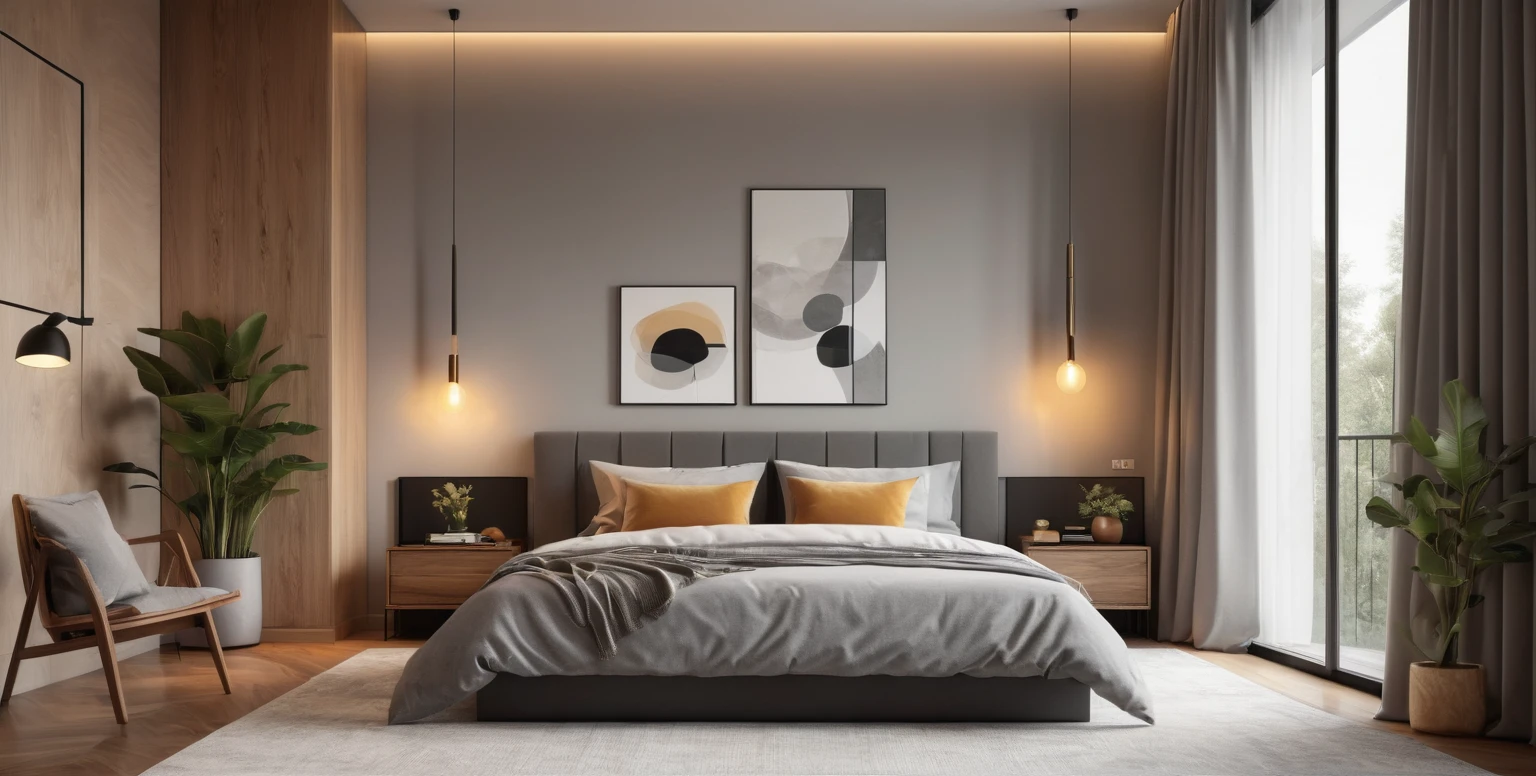 The best quality,4k,8k,High Resolutions,Masterpiece:1.2),ultra detailed,(realist,fotorrealist,fotorrealist:1.37), HDR, UHD, Studio lighting, ultrafine paint, sharp focus, physically based representation, extreme detail description, professional, vivid colors, bokeh, Gray modern style bedroom, minimalist, cozy atmosphere, slick design, clean lines, natural lighting, Floor to ceiling windows, spacious, Comfortable bed, Soft gray bedding, plush pillows, Elegant wooden furniture, geometrical forms, abstract illustrations, Contemporary décor, Monochrome color scheme, dull tones, bursts of color, accent wall, textured painted paper, warm lighting, Ambient lights, Pendant lamps, wooden floors, neutral tones, decorative plants, Interior vegetation, cozy rug, Reading corner, big mirror, reflective surfaces, Stylish dressing table, organized closet, Natural Materials, serene environment.