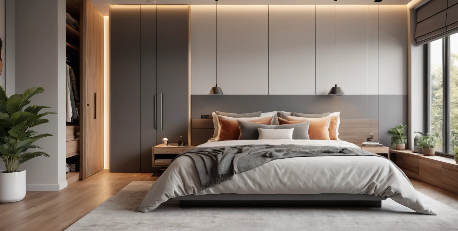 The best quality,4k,8k,High Resolutions,Masterpiece:1.2),ultra detailed,(realist,fotorrealist,fotorrealist:1.37), HDR, UHD, Studio lighting, ultrafine paint, sharp focus, physically based representation, extreme detail description, professional, vivid colors, bokeh, Gray modern style bedroom, minimalist, cozy atmosphere, slick design, clean lines, natural lighting, Floor to ceiling windows, spacious, Comfortable bed, Soft gray bedding, plush pillows, Elegant wooden furniture, geometrical forms, abstract illustrations, Contemporary décor, Monochrome color scheme, dull tones, bursts of color, accent wall, textured painted paper, warm lighting, Ambient lights, Pendant lamps, wooden floors, neutral tones, decorative plants, Interior vegetation, cozy rug, Reading corner, big mirror, reflective surfaces, Stylish dressing table, organized closet, Natural Materials, serene environment.