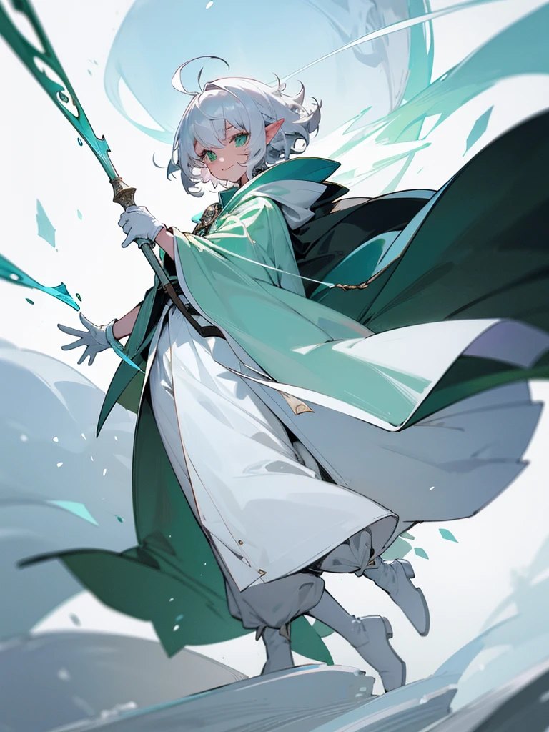 Elf, silver hair,short hair, medium cut, ahoge, curly hair,green eyes,slender, fair skin, cool Smile, robe,  cloak, White gloves, long boots, pants, ice loads magic effect, 