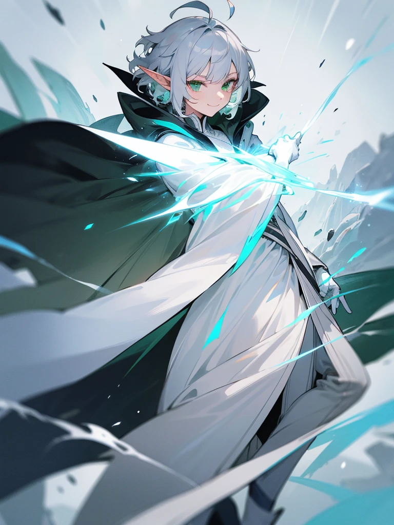 Elf, silver hair,short hair, medium cut, ahoge, curly hair,green eyes,slender, fair skin, cool Smile, robe, cloak, White gloves, long boots, pants, ice loads magic effect,