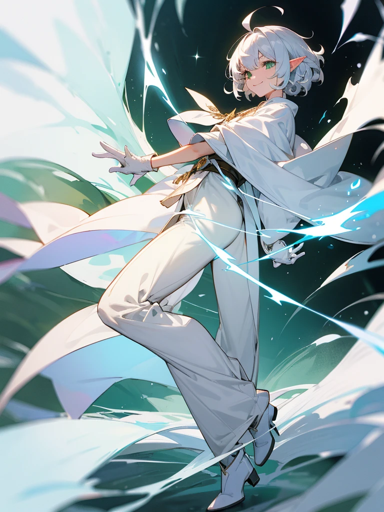 Elf, silver hair,short hair, medium cut, ahoge, curly hair,green eyes,slender, fair skin, cool Smile, robe, cloak, White gloves, long boots, pants, ice loads magic effect,