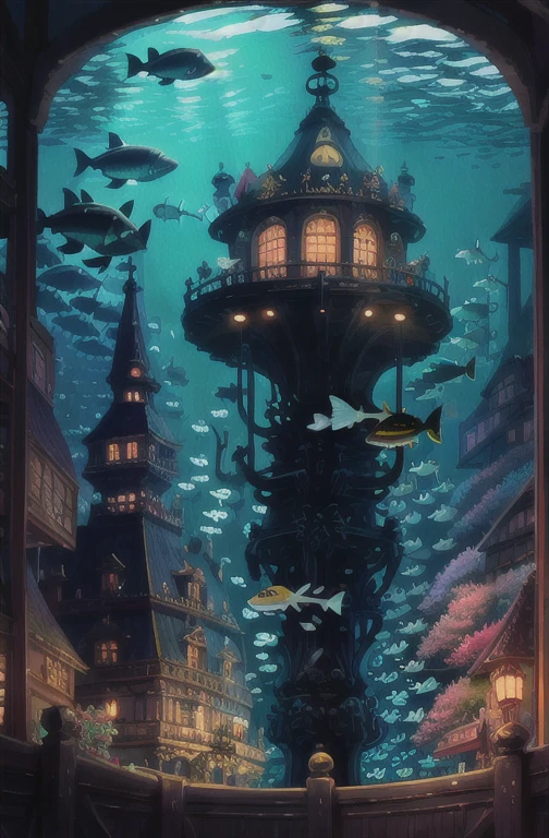 A living underwater city, Illuminated by luminescent corals and aquatic plants, A place where all kinds of fish swim gracefully. In the city center there is a huge, Ornate shell throne adorned with pearl and shell jewels, surrounded by colorful fish, A carriage pulled by a dolphin transports dignitaries to the palace, Giant Shark