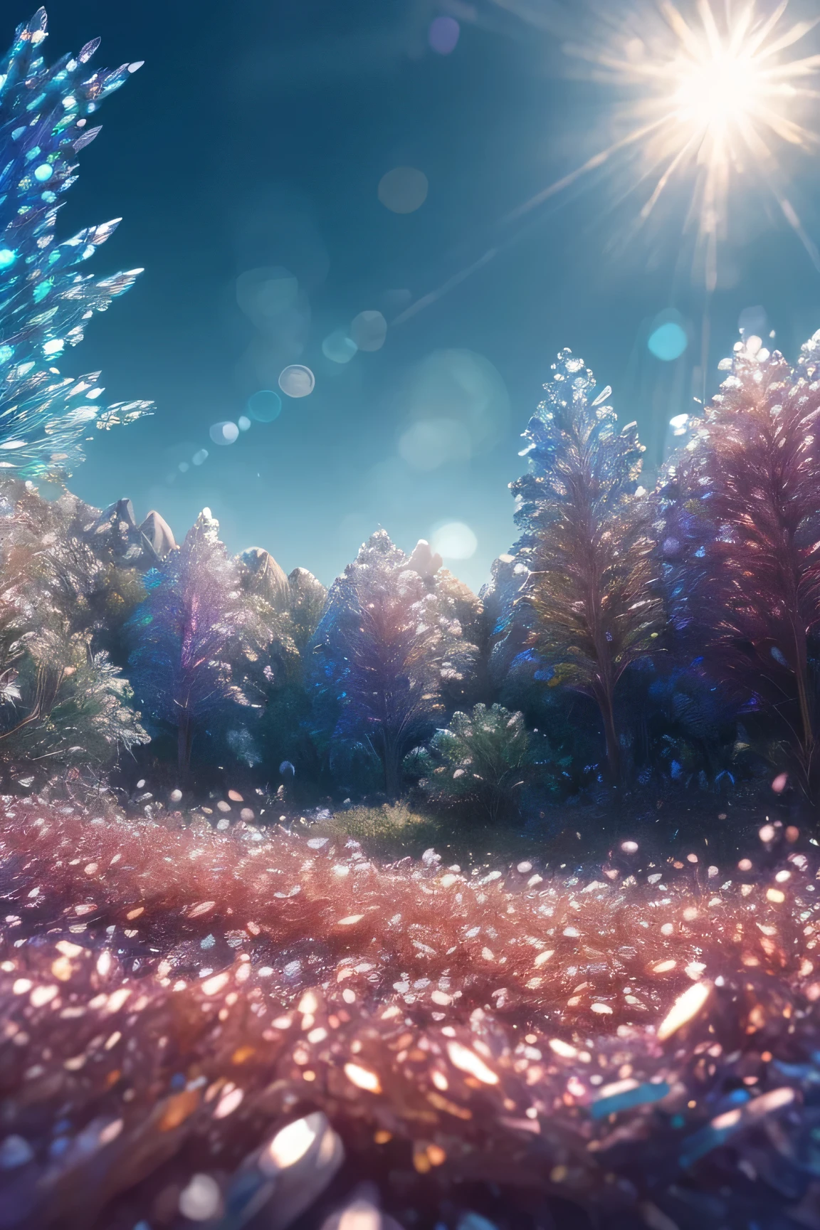 ((crystal)) ((iridescent)) clearing, iridescent grass, leaves, sunrays, (((very detailed photorealistic landscape))), ((clear skies))
shimmering, sparkling, (light colors)
magical photography, dramatic lighting, photo realism, ultra-detailed, 4k, wide lens, High-resolution, masterpiece