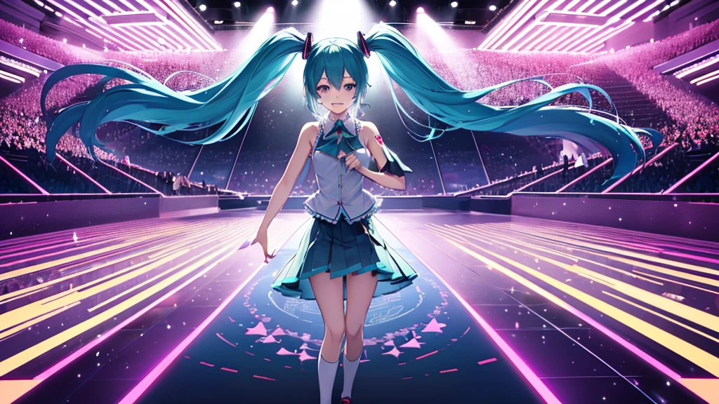 Hatsune Miku、Anime characters、smile、The stage floor is patterned like a joker card.