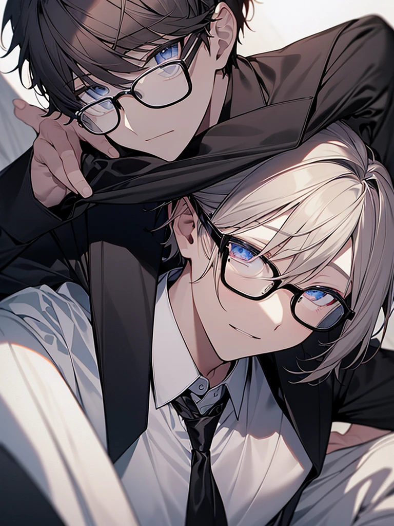 Portrait Shot、I have one photo:1.3、Villain、night、Apartment room、He has a bad appearance、Dark circles under the eyes:1.3. Black-rimmed glasses、Lean and muscular、Short-cropped blonde hair、White collared shirt、Black suit