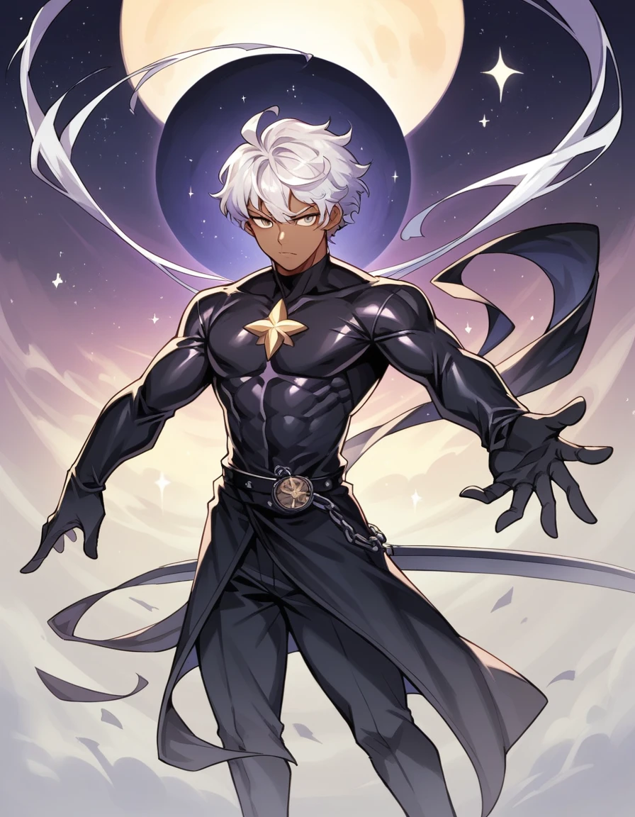 Physical characteristics: Hair: Long, shiny black, reaching to the middle of the back. I often let my hair spread out. Eyes: Deep purple, sparkling like stars on a dark night. Skin: Pale white but with a mysterious glow. Height: 170 centimeters Attire: Wears dark black robes decorated with ancient magic symbols. and wore black leather gloves weapon: Shadowblade: A long sword that glows with black light that can drain life from enemies and increase Miranda's power