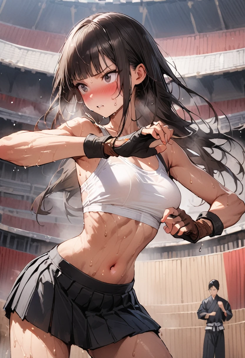 ((masterpiece,Highest quality:1.3,best quality illustration)),realistic,cowboy shot,独奏,1woman,18 year old beauty,black hair,long hair,bangs,black eyes,gorgeous big eyes,((very small head:1.3)),blush,((very long body:1.2,skinny)),medium breasts,White tube top shirt、navel、(Black pleated mini skirt),Brown leather fingerless gloves、sweat,in heat,gleaming skin,toned body,slender body、Martial arts stance,standing,Martial Arts Matches、amphitheater、