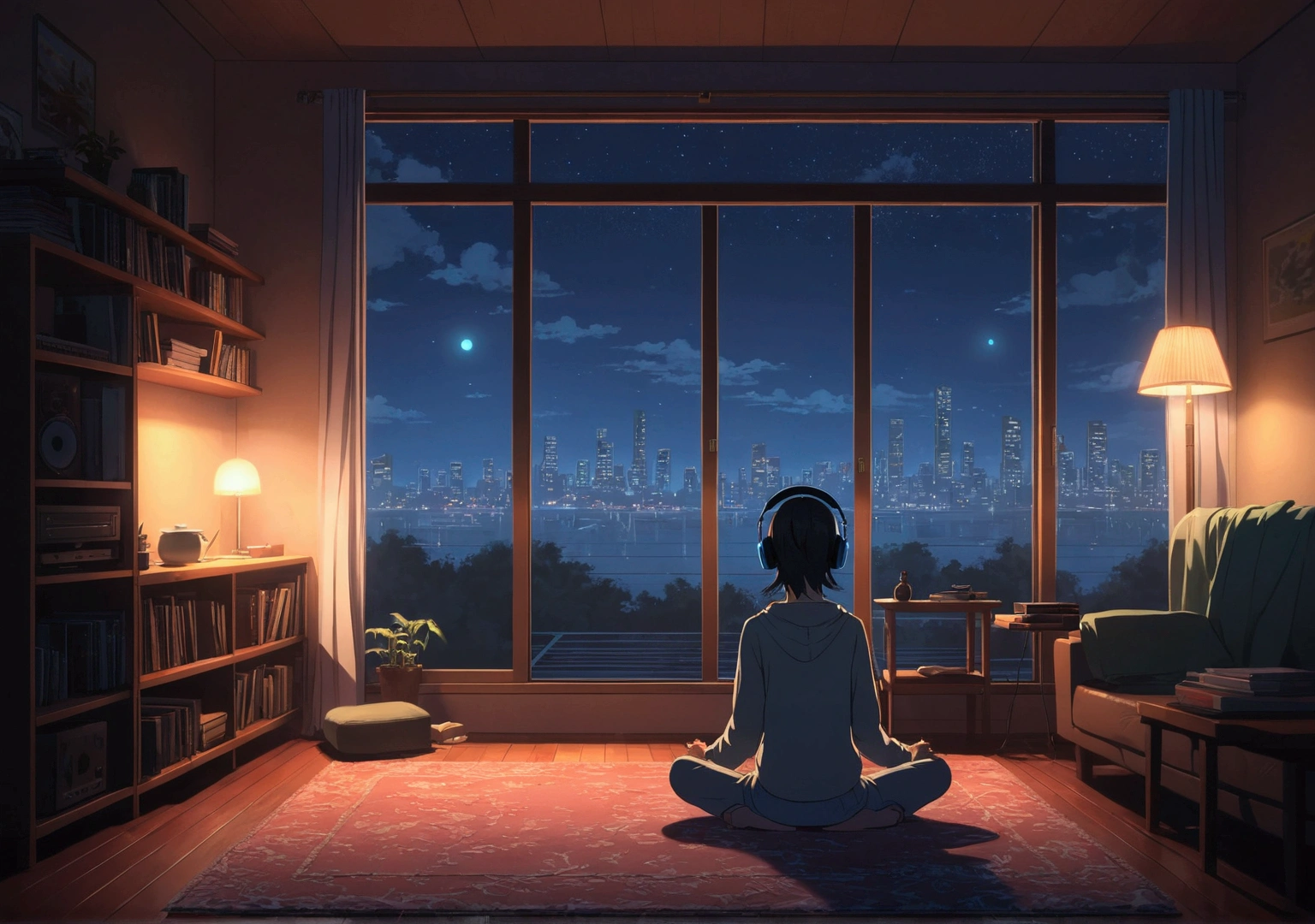 night、Girl listening to music in a cozy room, Using headphones, 2D-style animation, Lo-Fi, hard disk, Dark Environment In the style of Makoto Shinkai