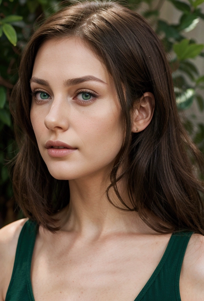 hyper realistic, beautiful lady, brunette hair, dark green eyes, slim body portrait, profile straight look to the camera