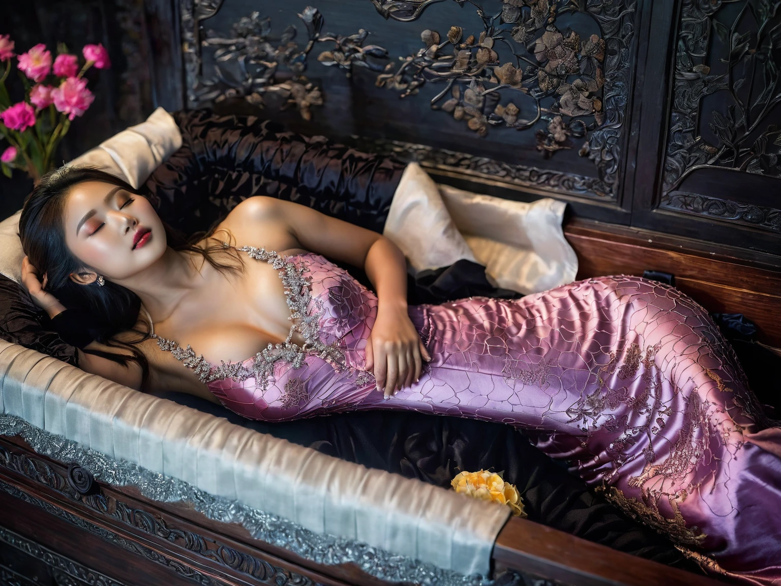 In a striking 8K HDR scene, a stunning Korean woman, 22 years old, lies peacefully in a black coffin surrounded by plush pillows. The deep box is set against a rich black background, accentuating the beauty of the subject. Her exquisite deep-V neckline kebaya attire is embroidered with superb detail, showcasing her round and firm breasts, perfect cleavage, and beautiful eyebrows. Her closed eyes and mouth give an air of serenity, while her visible and absolute cleavage leave nothing to imagination. The scene is bathed in saturated colors, highlighting every intricate aspect from the ball skirt to her clean face, straight body, detailed hand perfect hands, straight body, own hands together, own hand on stomach, detailed hands, perfect hands.