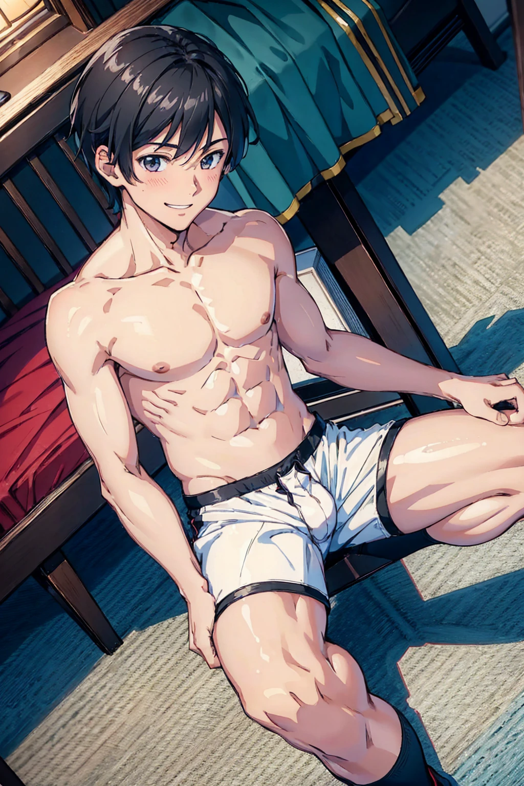 ((8K:1.2),masterpiece, Highest quality, Ultra-high resolution:1.25) beautiful boy anime face, sweet body, no muscular body, 16 old a boy, high school student boy, face and body emphasis, gay anime hentai, tall boy, no underwear, bedroom alone, sexy pose, (blushing and smile face:1.2), shirtless body, short hair, black eyes, micro leather shorts, high leg string, want sex, prostitute boy, full body, crotch emphasis, crotch touching, sitting cross-legged,