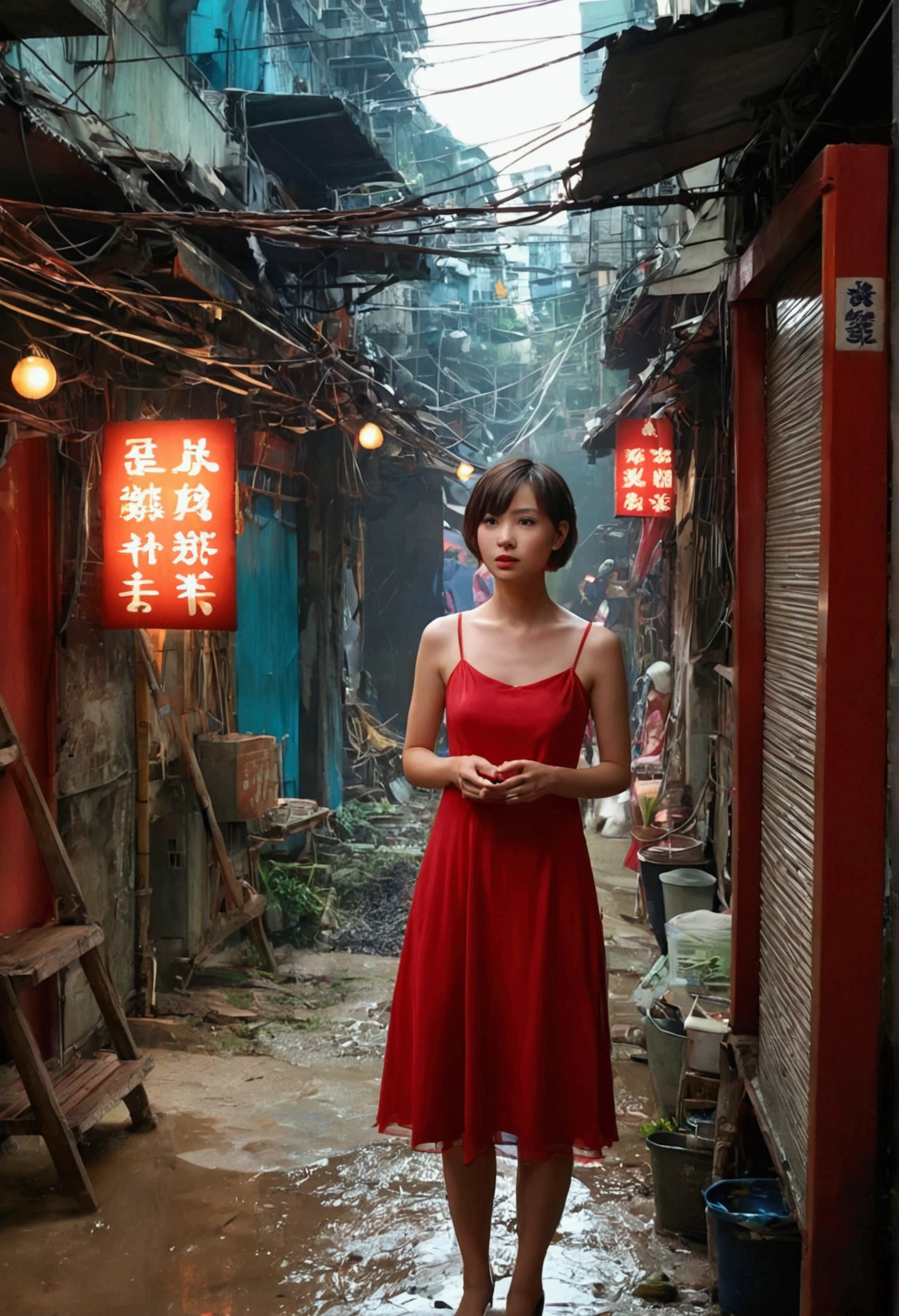 Kowloon City、Backstreets、(Wet ground)、((Delicate depiction))、pipe、duct、electric wire、signboard、plein air,  青いnull, short hair, One girl in a red dress、((Beautiful girl))、null, Looking at the audience, Moody lighting,