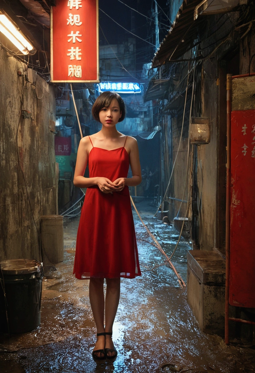 Kowloon City、Backstreets、(Wet ground)、((Delicate depiction))、pipe、duct、electric wire、signboard、plein air, 青いnull, short hair, One girl in a red dress、((Beautiful girl))、null, Looking at the audience, Moody lighting,