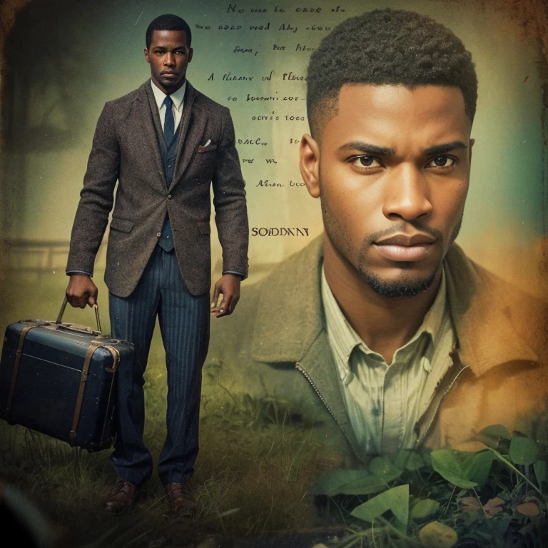 a handsome black man, standing with a suitcase in his hands, and his face enlarged to the side with a sad expression, bucolic, sad image, at the bottom of the screen there are several words written as if it were a poem. complex double exposure art by Alex Stoddard, Natalia Drepina and Brooke Shaden surreal postcard on cracked paper, extremely dynamic, unusual, vintage