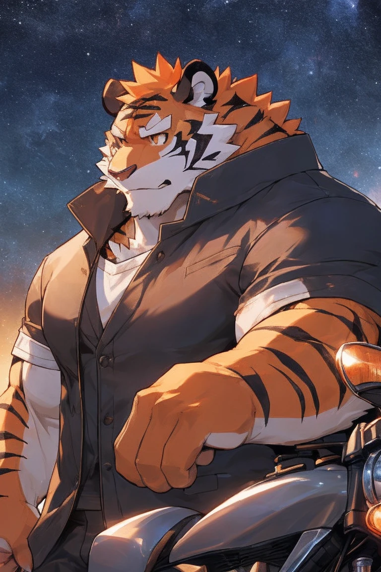 human nature, Wildlife, male,36 years old,Uncle, solitary, ((Round Face, The face is plump,Orange eyes,Thick orange hair,With scars)), ((Endomorph, Handsome的,Hot Blood)), (Machine Clothing,Ghost Fire Boy,cloak), ((domestic tiger, tiger,) Fluffy fur, Fluffy), Bokeh, (high quality, high resolution, masterpiece), (Dynamic Lighting, Vibrant colors), (Revitalize,Handsome,), Full body picture (close up), cartoon, author:Takemoto Arashi, From zixiong, By Chunni, author:Empty Ghost,Blood Rain,Cliff Edge,Leaning on the motorcycle,Night,Invite the other ,Beautiful starry sky,(background:下Blood Rain的Cliff Edge)