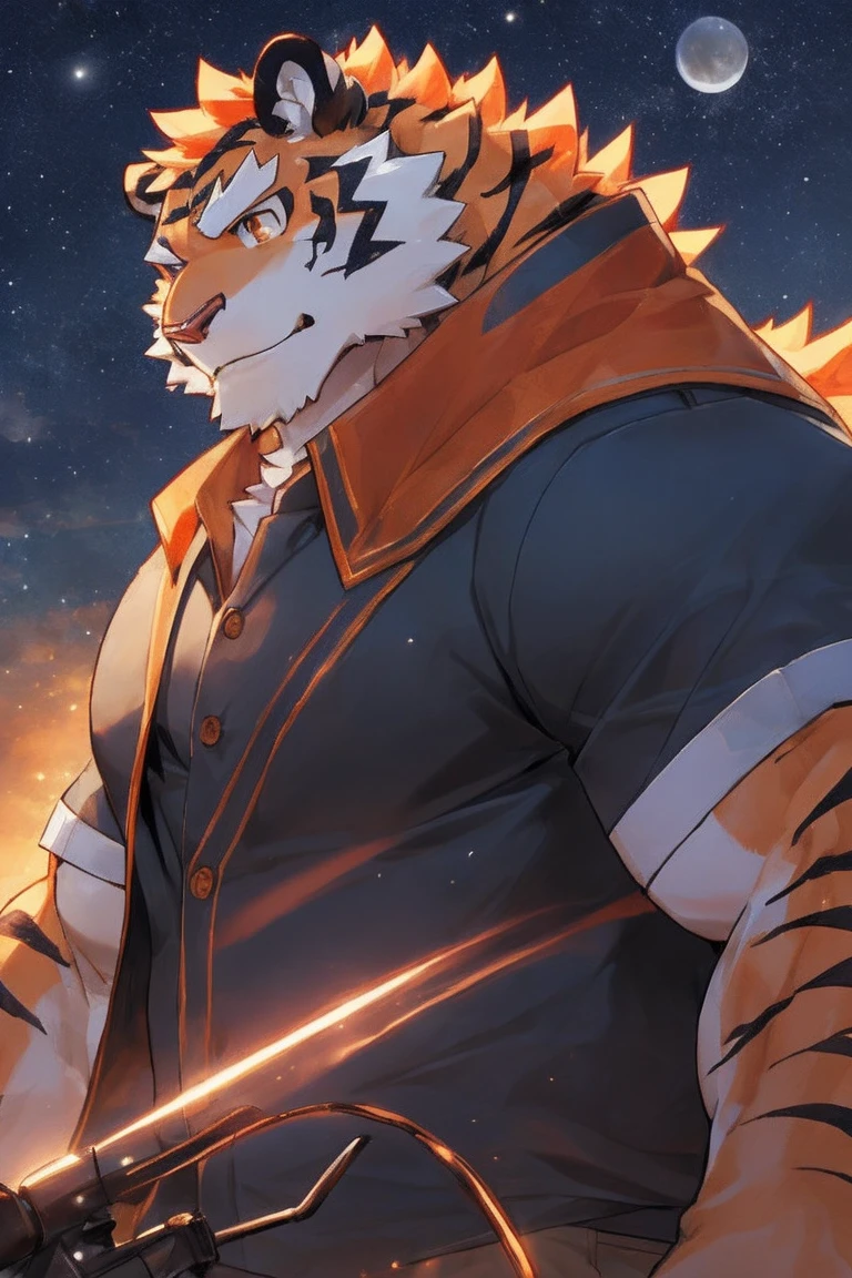 human nature, Wildlife, male,36 years old，Uncle， solitary, ((Round Face, The face is plump,Orange eyes,Thick orange hair，With scars)), ((Endomorph, Handsome的，Hot Blood)), （Machine Clothing，Ghost Fire Boy，cloak), ((domestic tiger, tiger，) Fluffy fur, Fluffy), Bokeh, (high quality, high resolution, masterpiece), (Dynamic Lighting, Vibrant colors), (Revitalize，Handsome，), Full body picture (close up), cartoon, author：Takemoto Arashi, From zixiong, By Chunni, author：Empty Ghost，Blood Rain，Cliff Edge，Leaning on the motorcycle，Night，Invite the other ，Beautiful starry sky，（background：下Blood Rain的Cliff Edge）