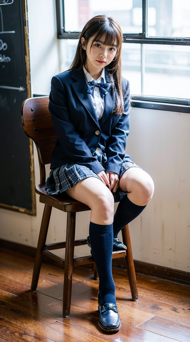 (8K、RAW Photos、Highest quality、masterpiece:1.2)、(Realistic、Photorealistic)、1 Girl、((Check mini skirt、Loafer Uniform、Navy blue socks、blazer、Big Breasts、classroom、I sat on a chair、Viewed from the front、Stand with your feet apart、))、Lots of eyelashes、Add shine to your eyelids、skeletally correct