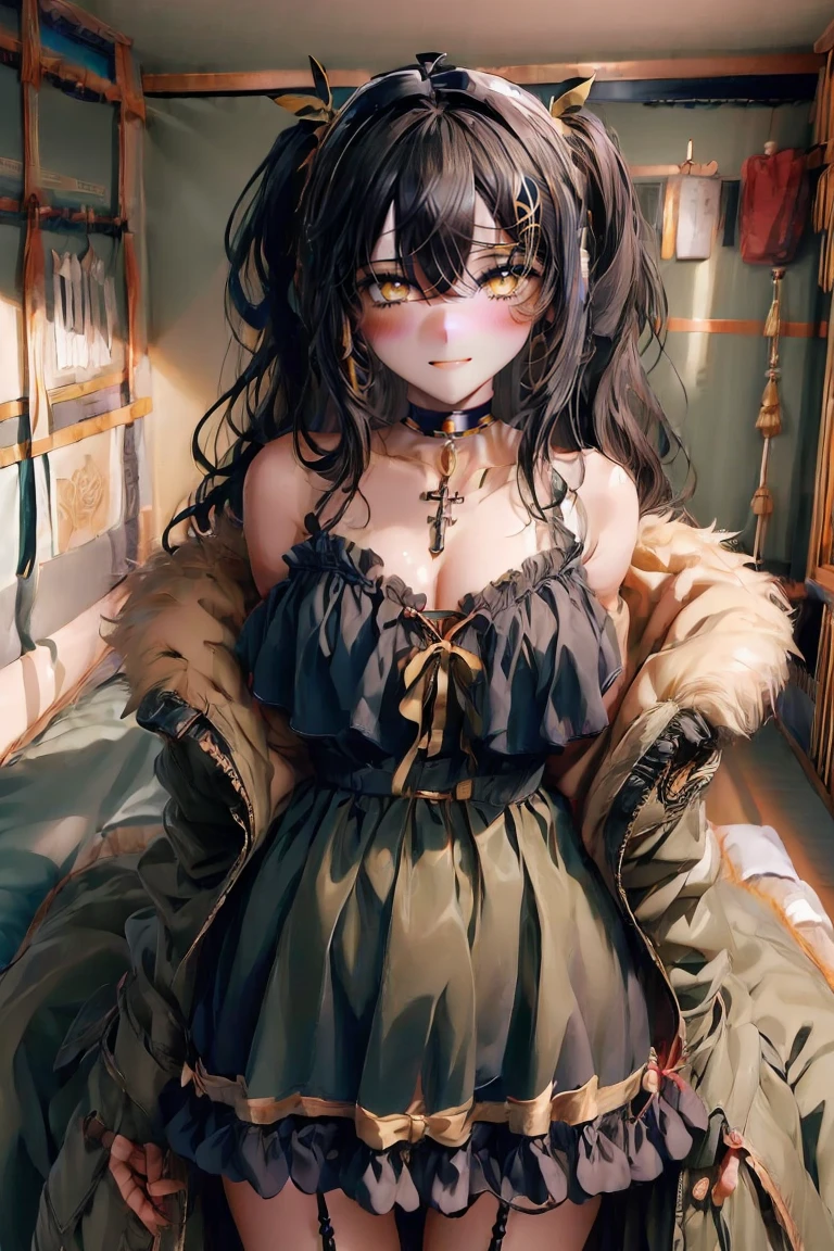 (masterpiece:1.2), (high quality:1.2), girls with((1girl, solo, black hair, yellow eyes, (wavy long hair, one side up, hairclips:1.3), blush, breasts, choker, cleavage, coat, cowboy shot, blue lace dress, camisole, ribbon waist belt, black ribbon belt, red bow, red ribbon, neck ribbon, collar, collarbone, rosary, rosary choker, cross, fur, fur trim, parka, khaki hoodie, green hoodie, khaki jacket, hood down, hooded coat, hooded jacket, hoodie, jacket, large breasts, long sleeves, medium breasts, open clothes, open coat,open hoodie, sleeveless, winter clothes, zipper, cleavage, upper body, hand up, waving, palm)), background with((bedroom, room:2.0))