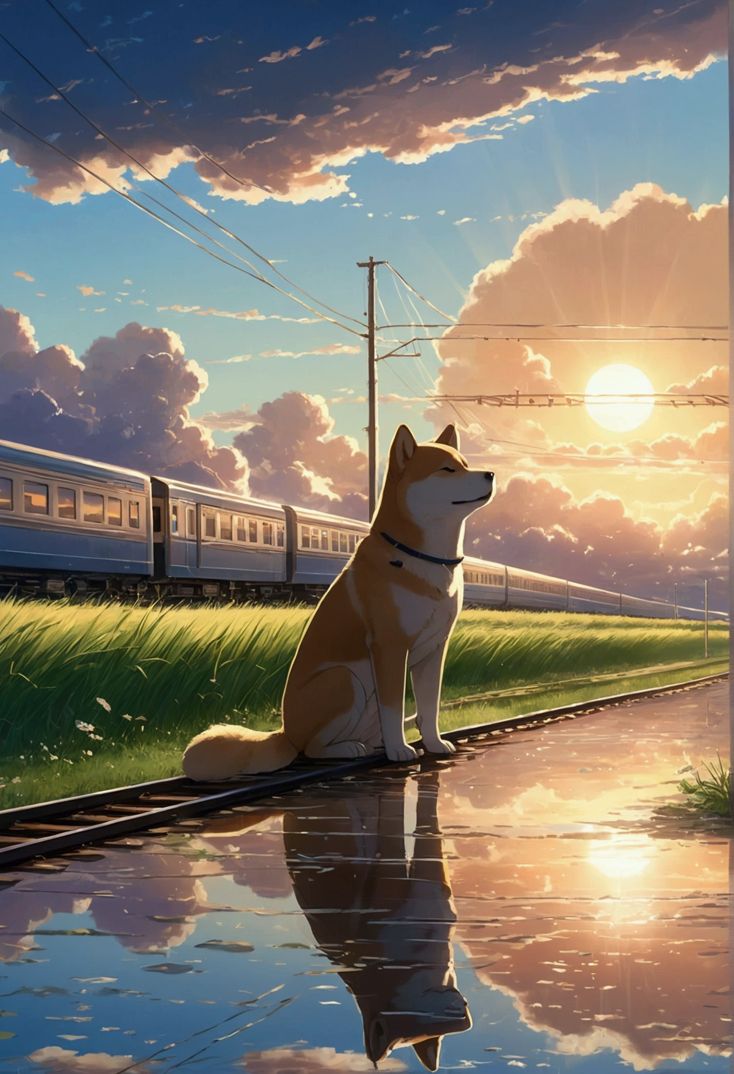 Makoto Shinkai Taste, Beautiful sky, Reflection of light, Shiba Inu Puppy, after the rain,Romantic Landscape, Healing scenes, Light pours in,hope, Summer Morning,train, Makoto Shinkai Taste,
