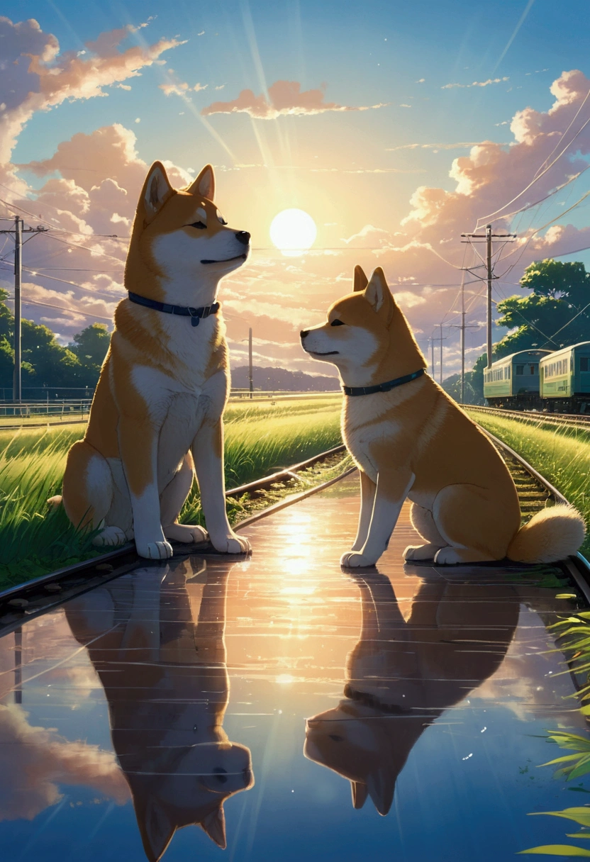 Makoto Shinkai Taste, Beautiful sky, Reflection of light, Shiba Inu Puppy, after the rain,Romantic Landscape, Healing scenes, Light pours in,hope, Summer Morning,train, Makoto Shinkai Taste,