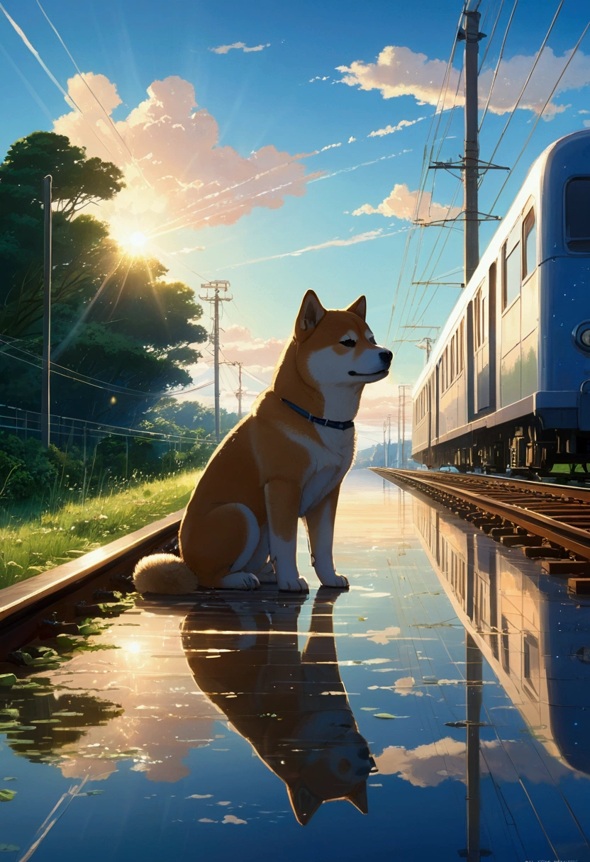 Makoto Shinkai Taste, Beautiful sky, Reflection of light, Shiba Inu Puppy, after the rain,Romantic Landscape, Healing scenes, Light pours in,hope, Summer Morning,train, Makoto Shinkai Taste,