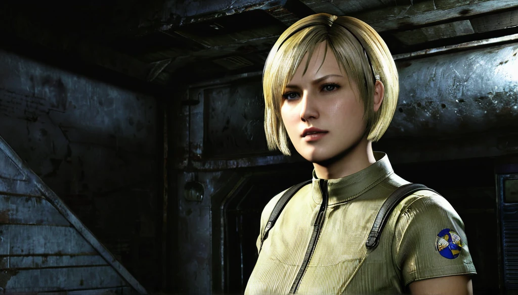1girl, Sherry Birkin (Resident Evil 6), blonde hair, short hair, vault jumpsuit (fallout games), high resolution, masterpiece
