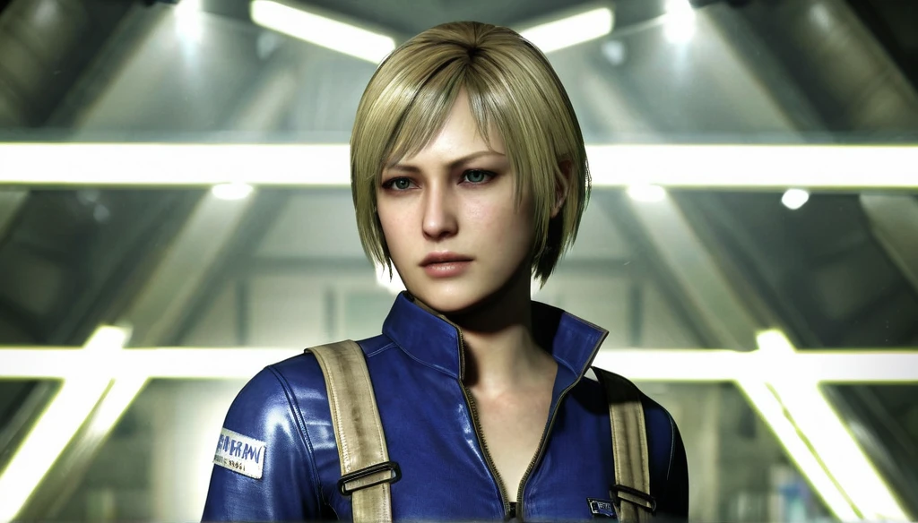 1girl, Sherry Birkin (Resident Evil 6), blonde hair, short hair, vault jumpsuit (fallout games), high resolution, masterpiece