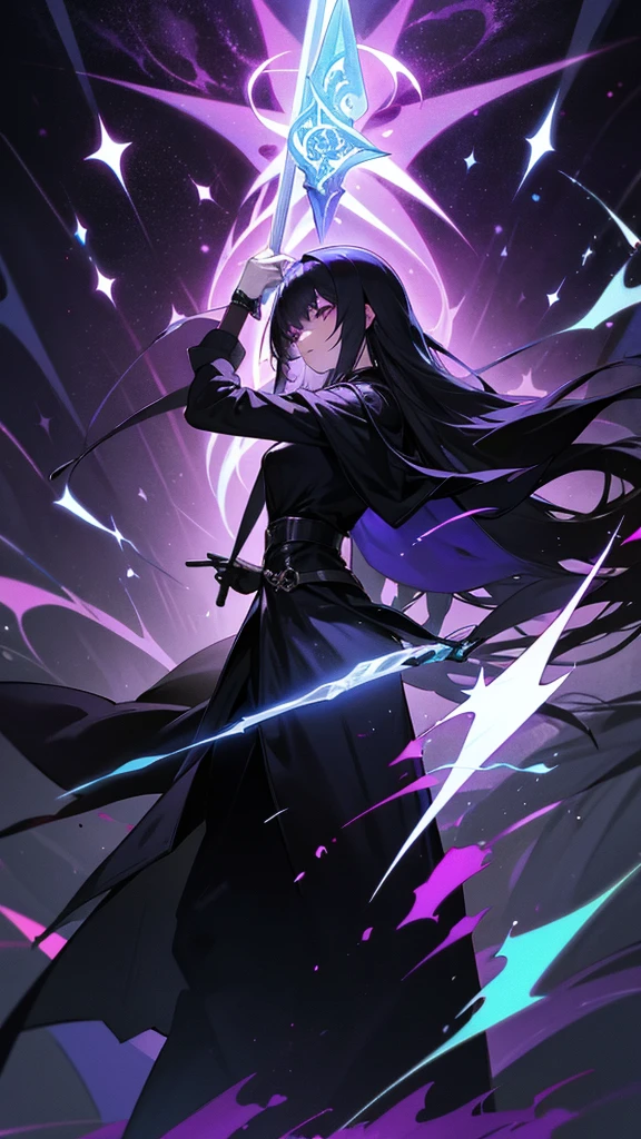 Physical characteristics: Hair: Long, shiny black, reaching to the middle of the back. I often let my hair spread out. Eyes: Deep purple, sparkling like stars on a dark night. Skin: Pale white but with a mysterious glow. Height: 170 centimeters Attire: Wears dark black robes decorated with ancient magic symbols. and wore black leather gloves weapon: Shadowblade: A long sword that glows with black light that can drain life from enemies and increase Miranda's power